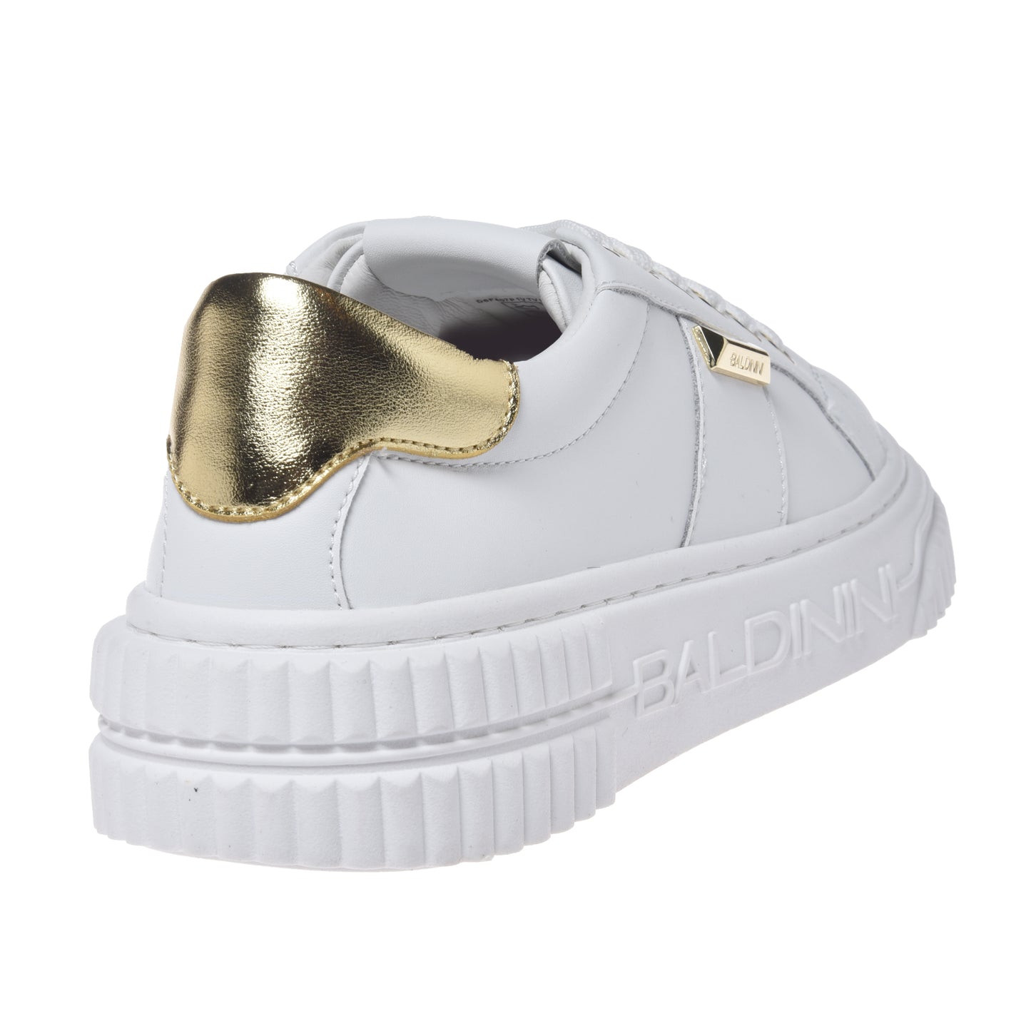 White leather sneakers with light gold laminated leather inserts