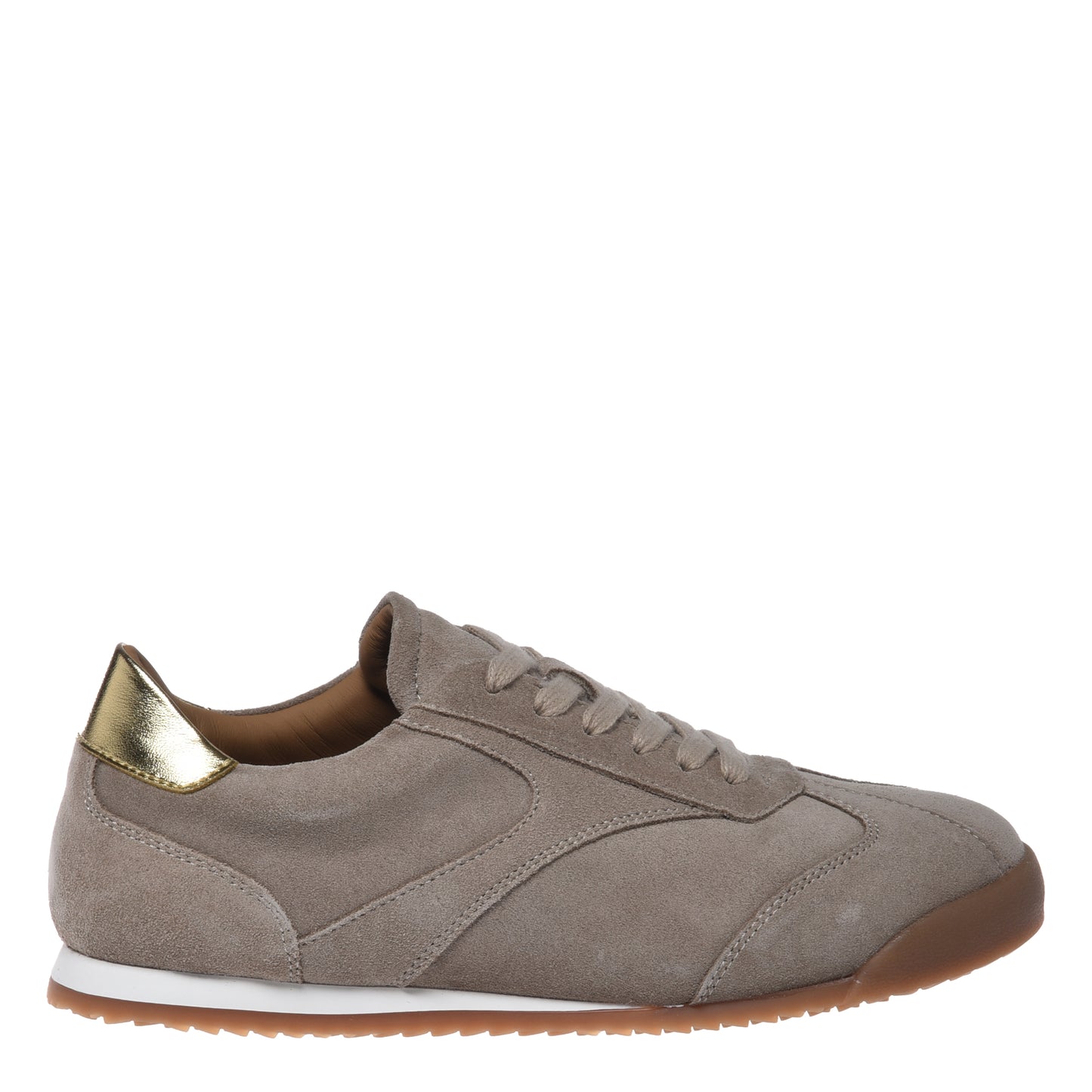 Taupe suede trainers with light gold metallic leather inserts