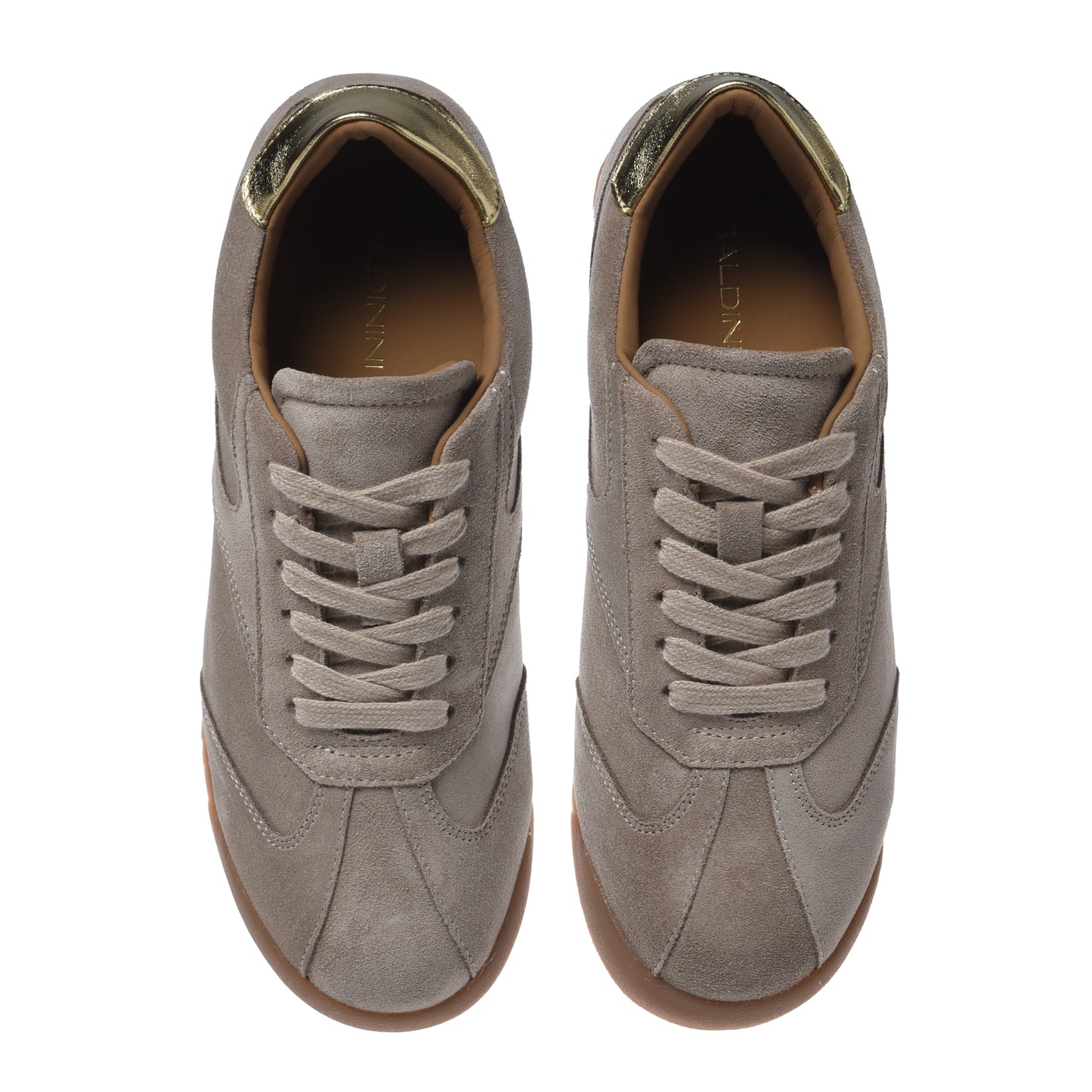 Taupe suede trainers with light gold metallic leather inserts