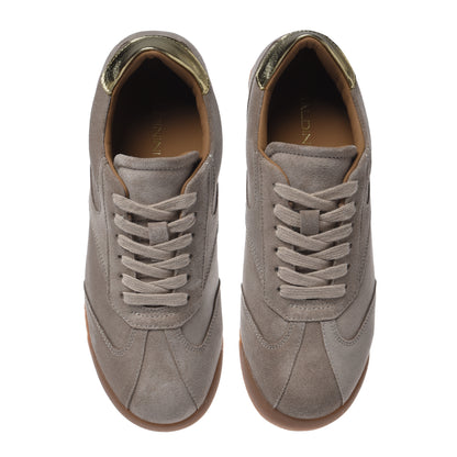 Taupe suede trainers with light gold metallic leather inserts