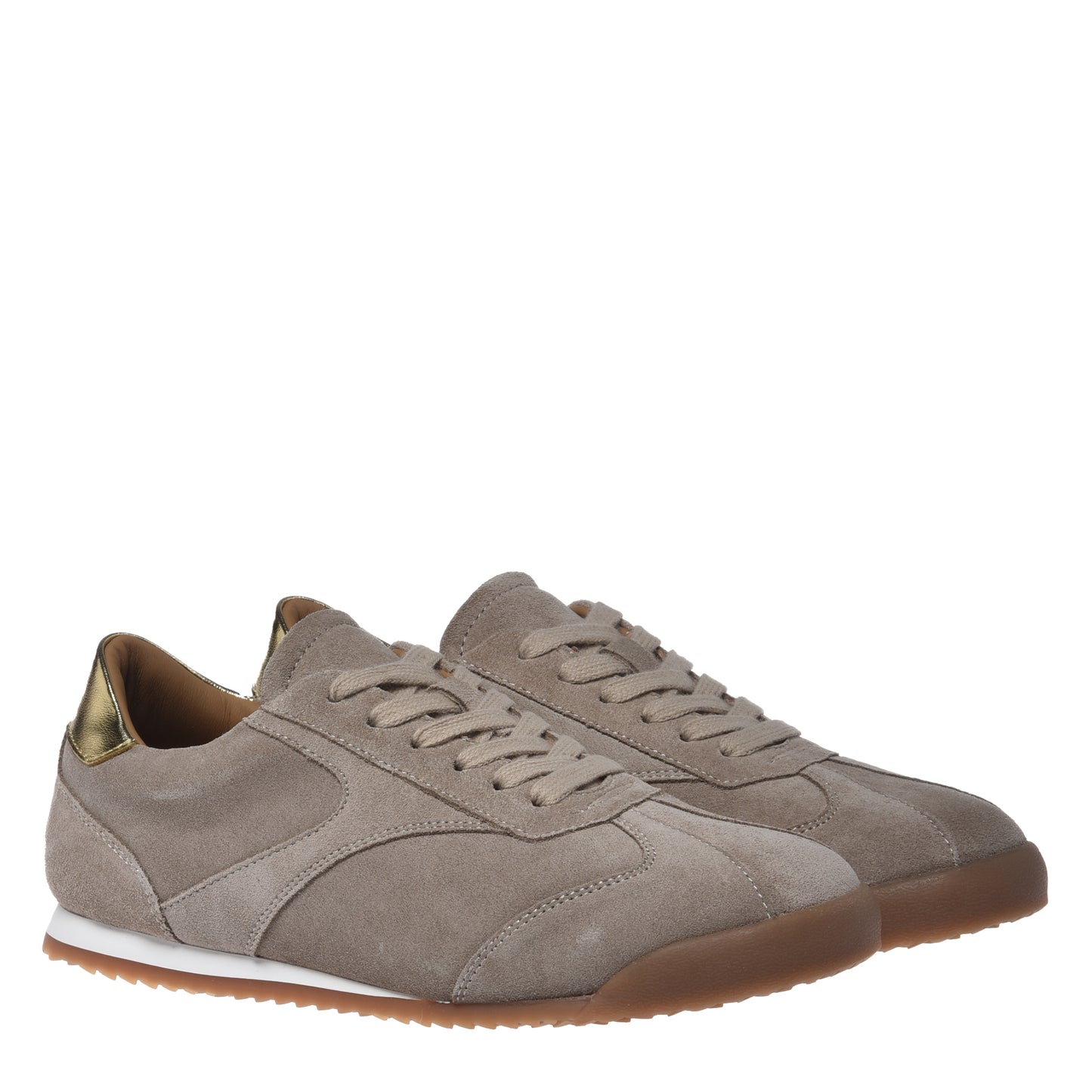 Taupe suede trainers with light gold metallic leather inserts
