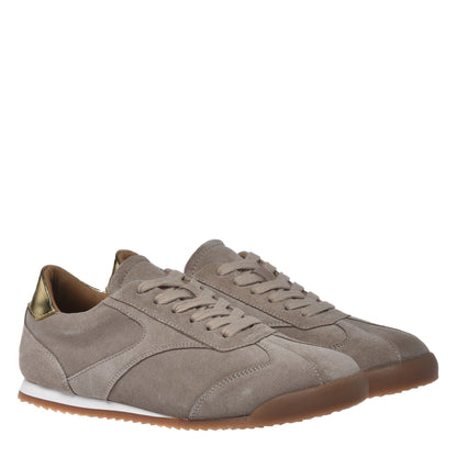 Taupe suede trainers with light gold metallic leather inserts