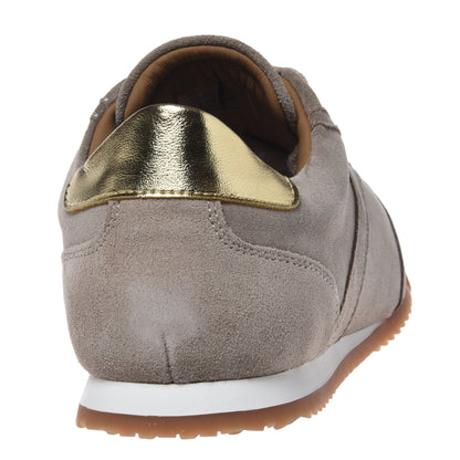 Taupe suede trainers with light gold metallic leather inserts