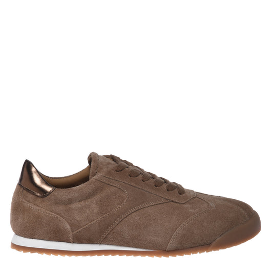 Brown suede sneakers with bronze metallic leather inserts
