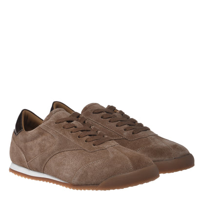 Sneakers in camoscio marrone con inserti in pelle laminata bronzo