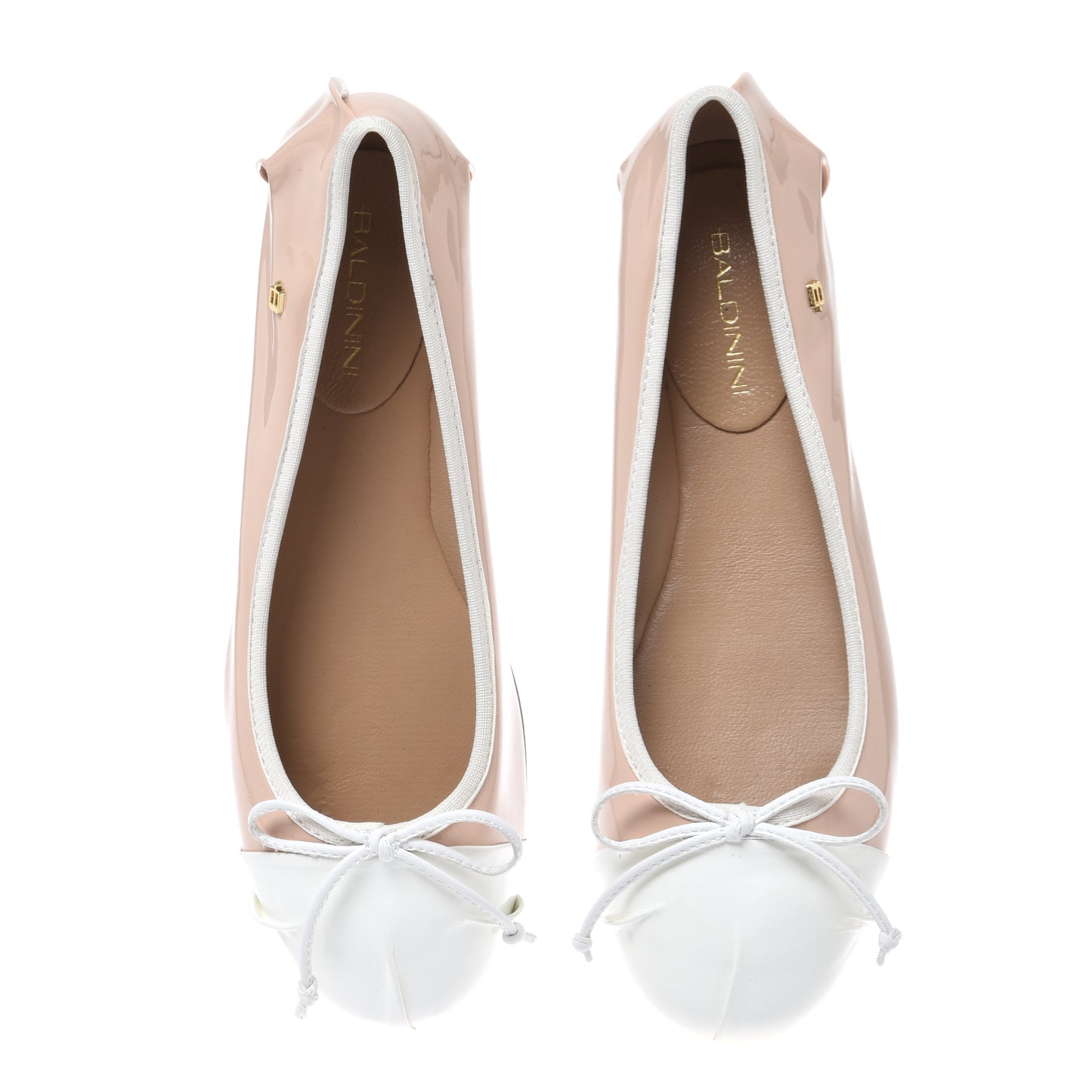 White and nude patent leather ballerina flats