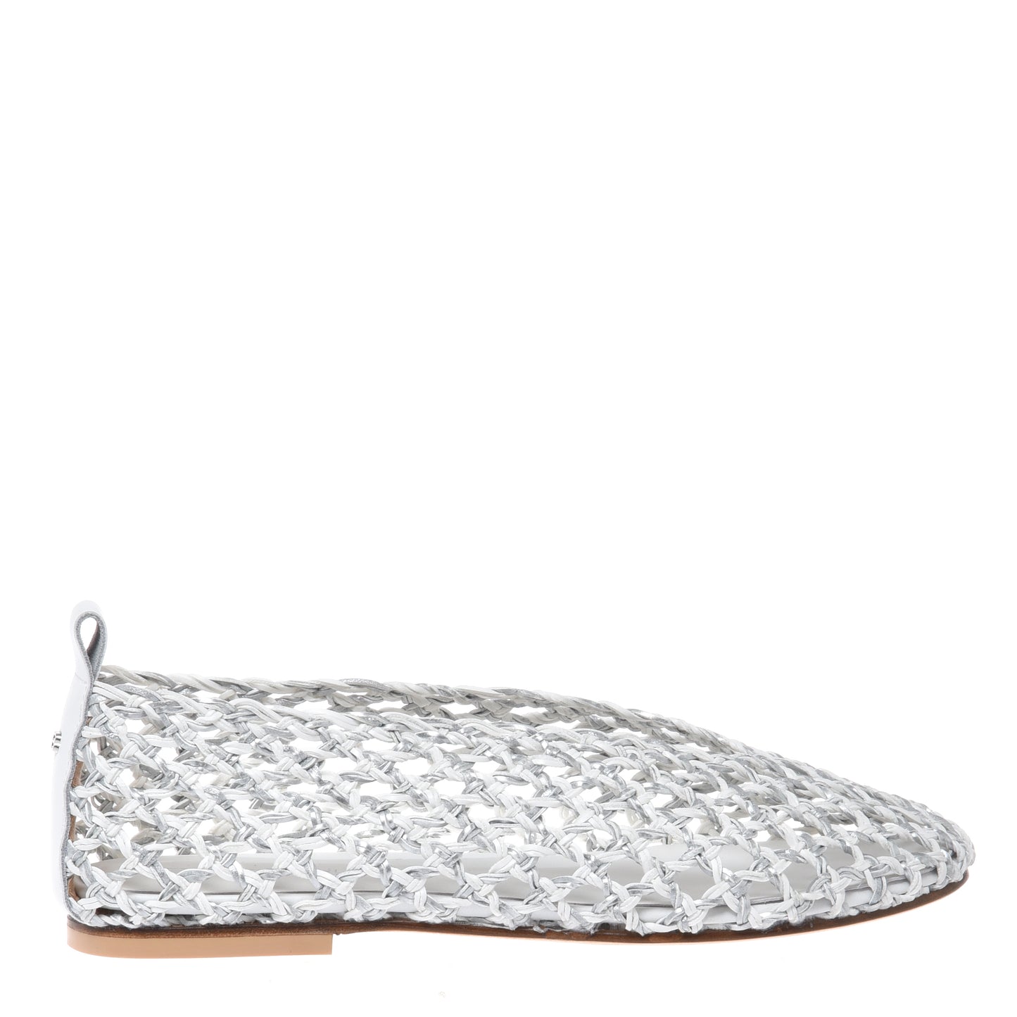 White and silver braided faux leather ballerina flats