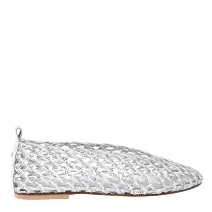White and silver braided faux leather ballerina flats