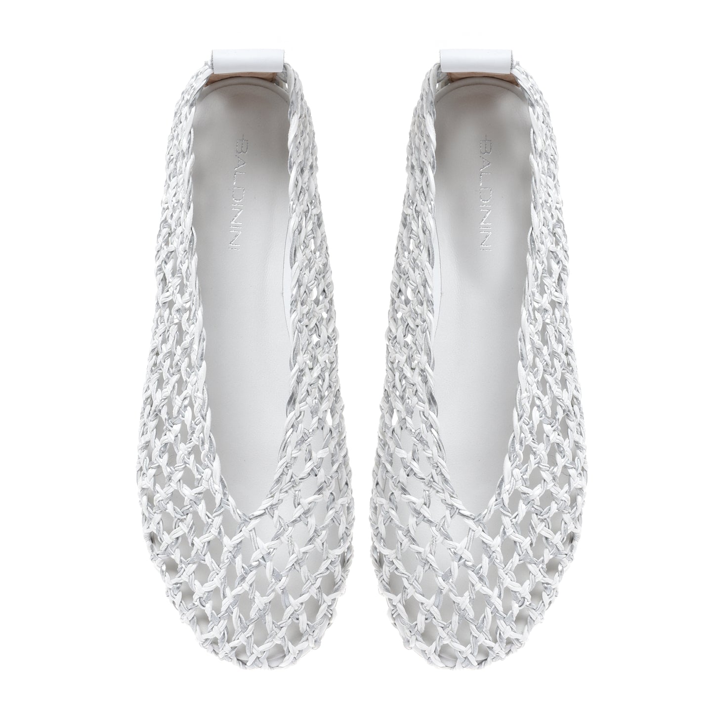 White and silver braided faux leather ballerina flats