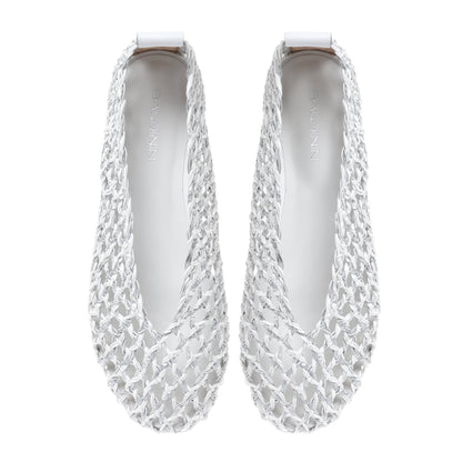 White and silver braided faux leather ballerina flats