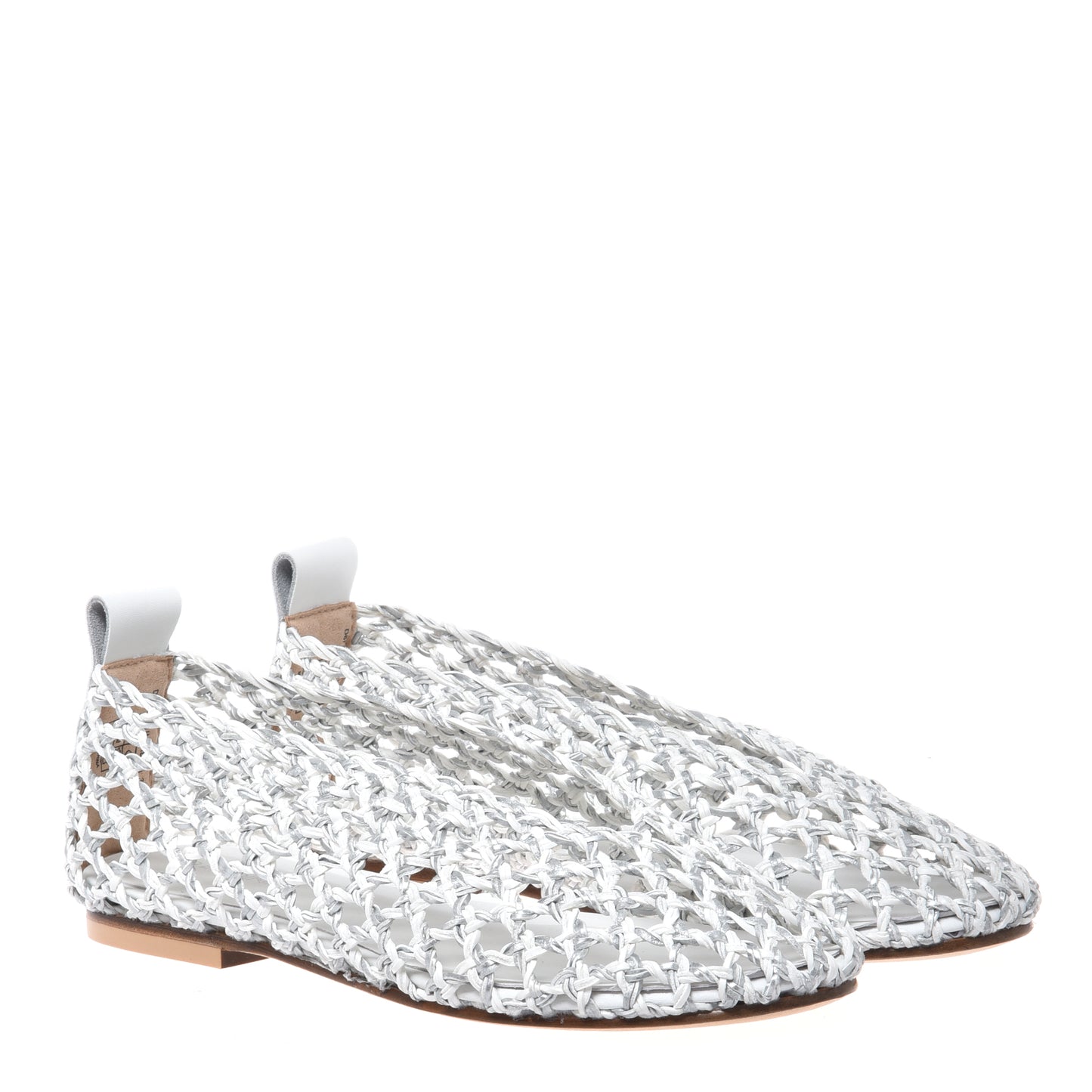 White and silver braided faux leather ballerina flats