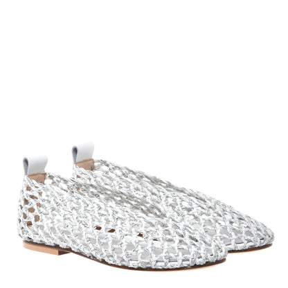 White and silver braided faux leather ballerina flats