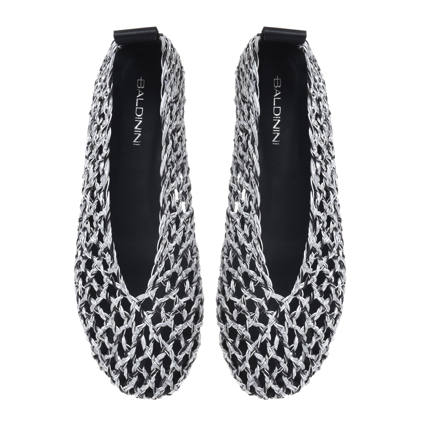 Black and silver braided faux leather ballerina flats