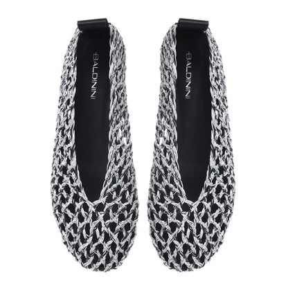 Black and silver braided faux leather ballerina flats