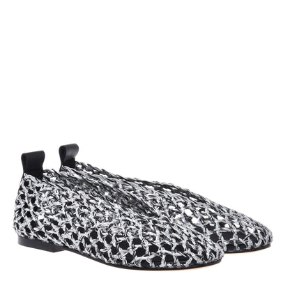 Black and silver braided faux leather ballerina flats