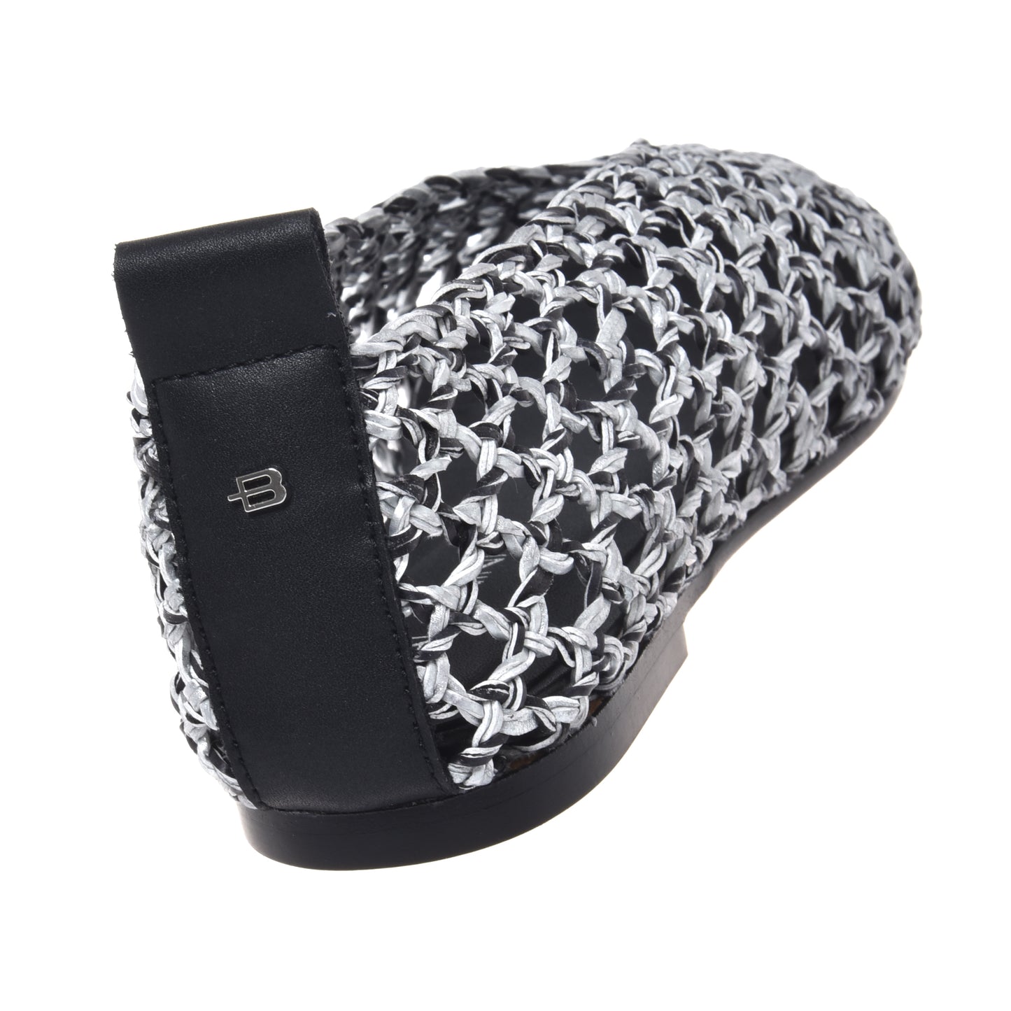 Black and silver braided faux leather ballerina flats