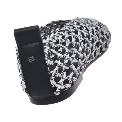 Black and silver braided faux leather ballerina flats