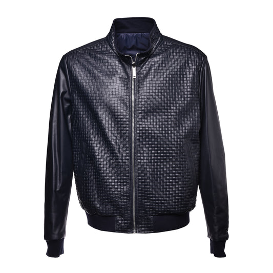 Veste réversible en cuir tressé et nylon bleu marine