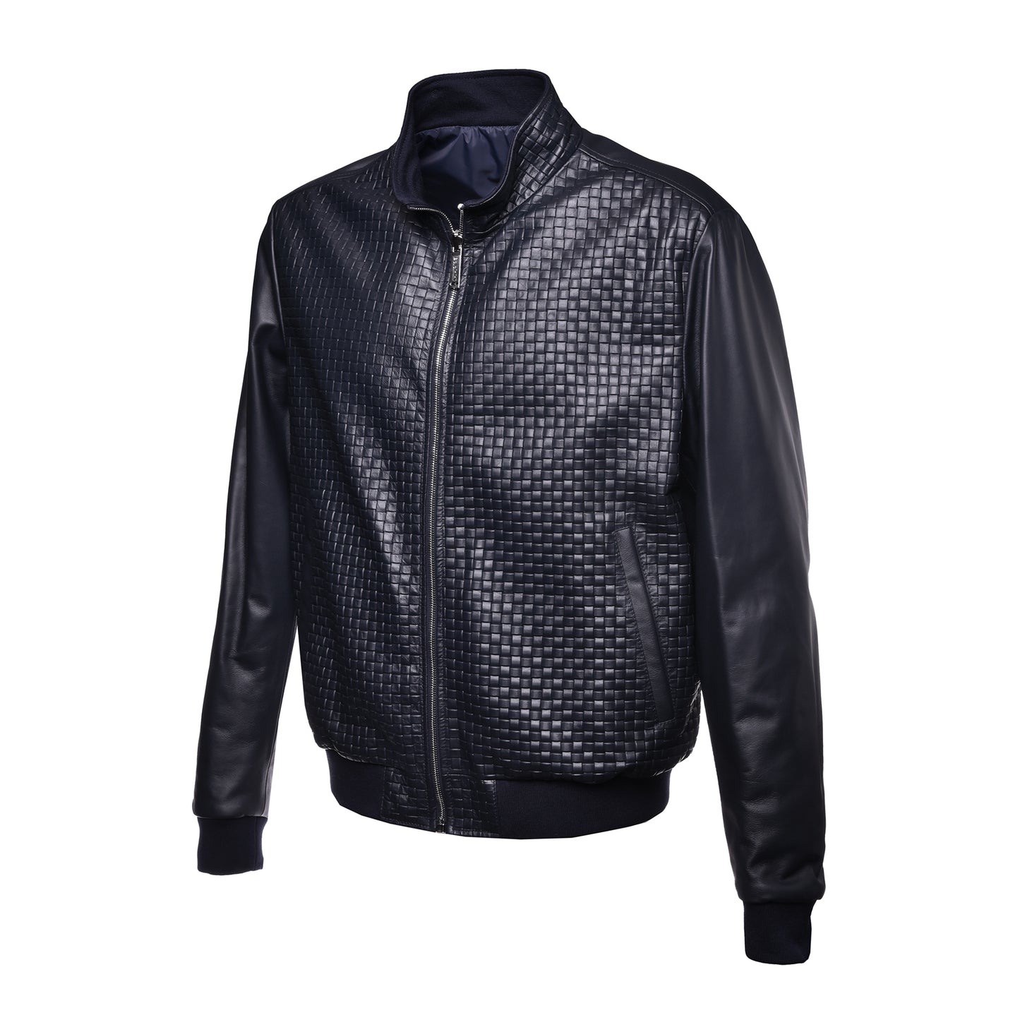 Veste réversible en cuir tressé et nylon bleu marine