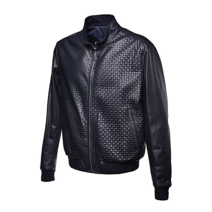 Veste réversible en cuir tressé et nylon bleu marine