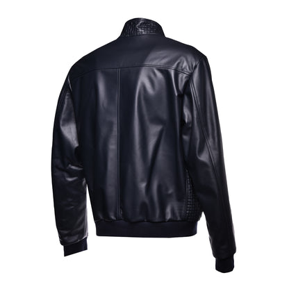 Veste réversible en cuir tressé et nylon bleu marine