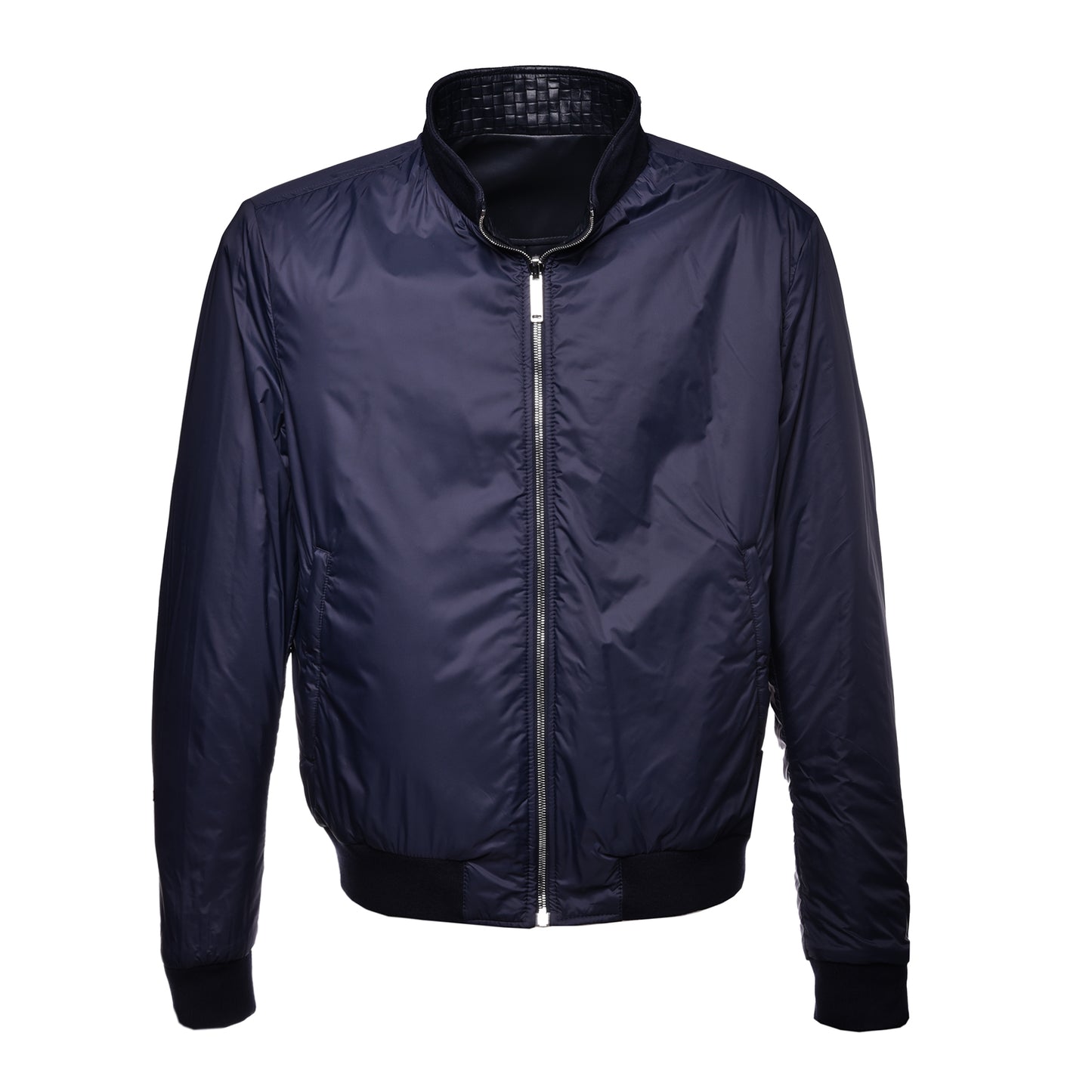 Veste réversible en cuir tressé et nylon bleu marine