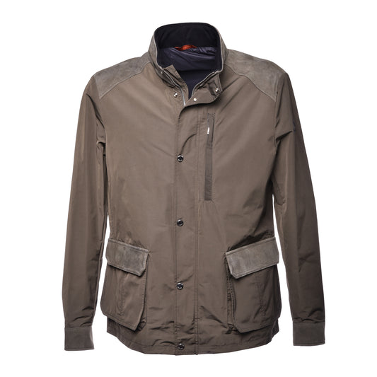 Veste en tissu nylon et croûte de cuir vert kaki