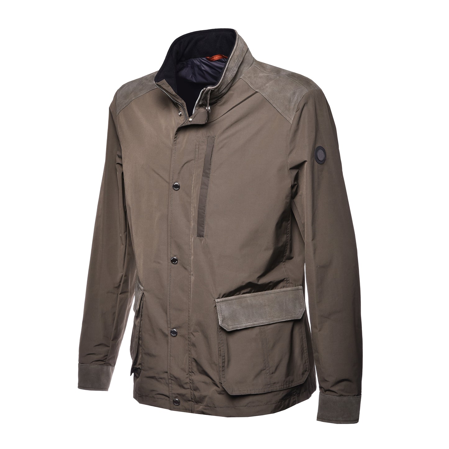 Veste en tissu nylon et croûte de cuir vert kaki