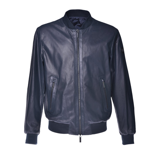 Blouson bomber réversible en cuir perforé et tissu bleu marine