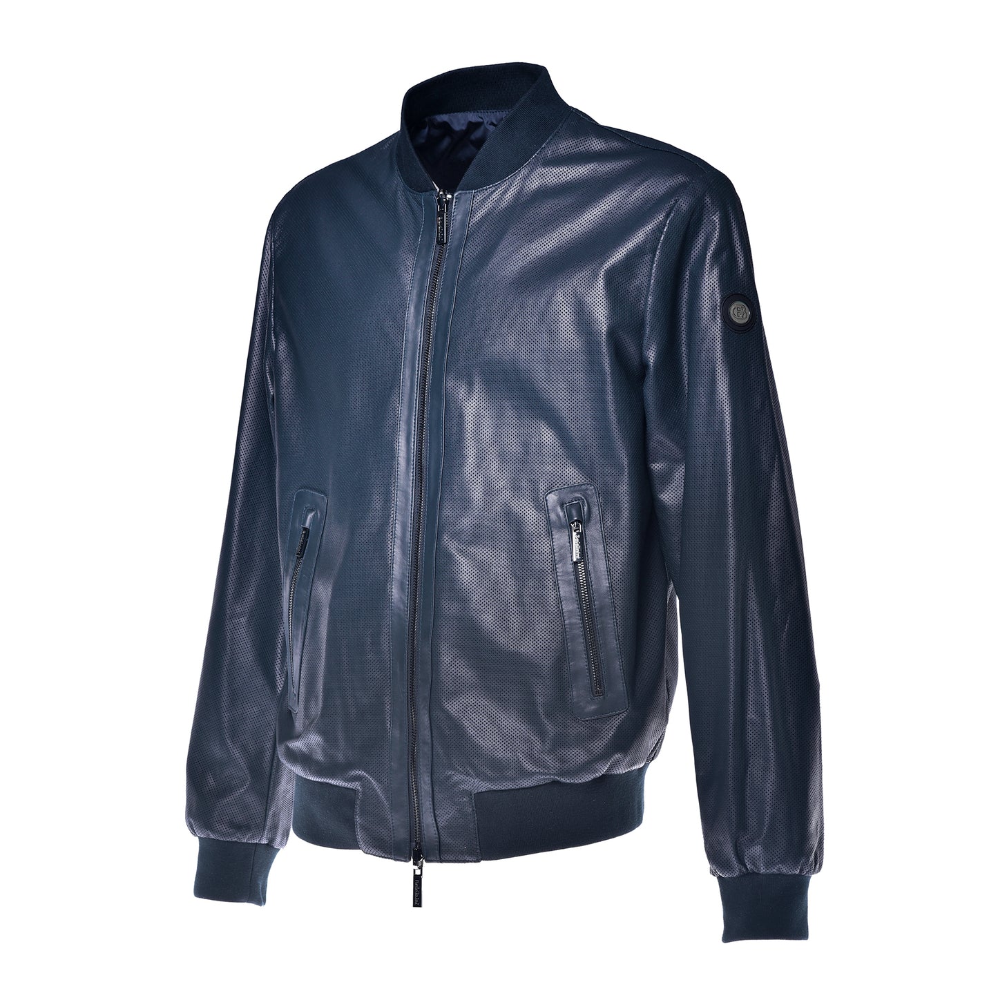 Blouson bomber réversible en cuir perforé et tissu bleu marine