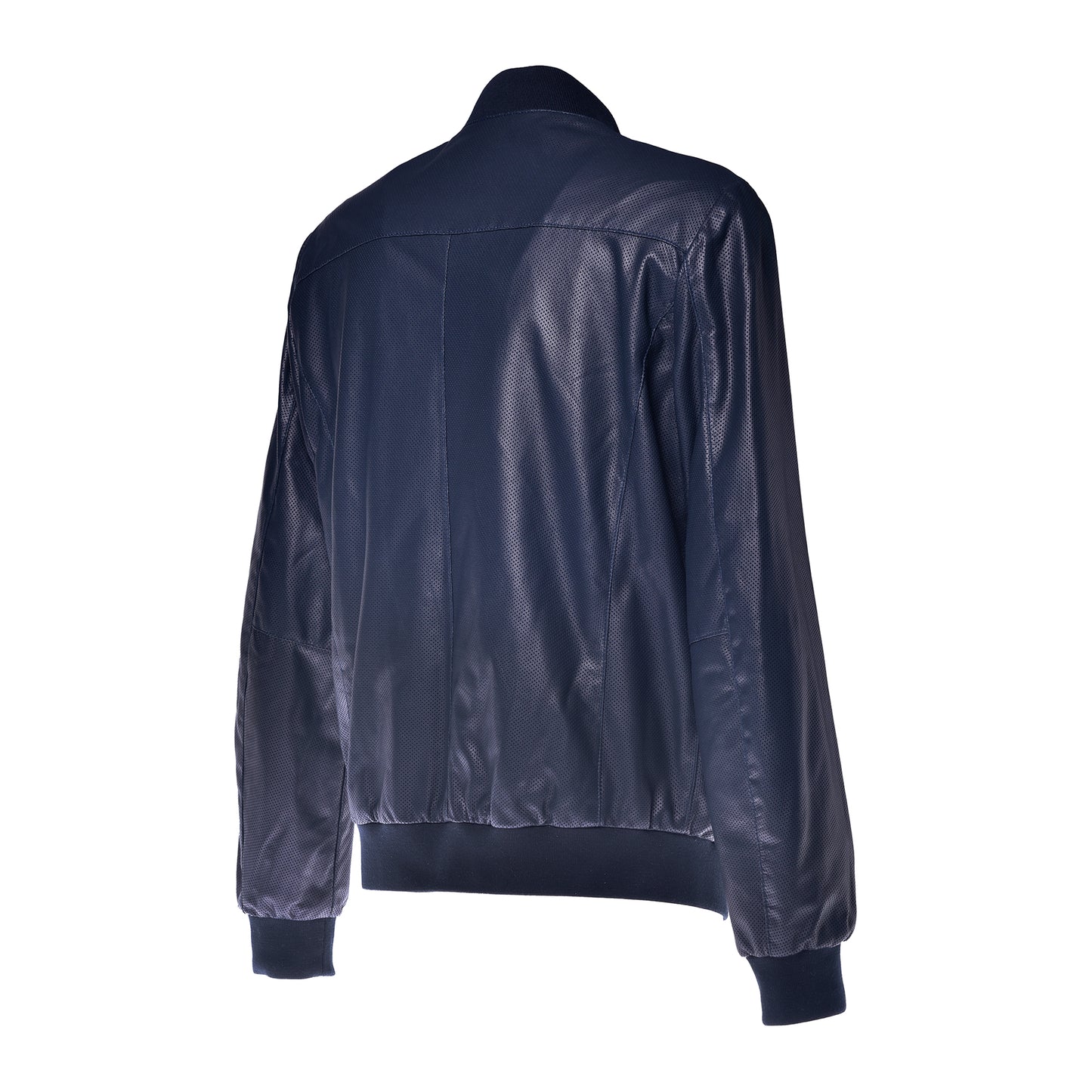 Blouson bomber réversible en cuir perforé et tissu bleu marine