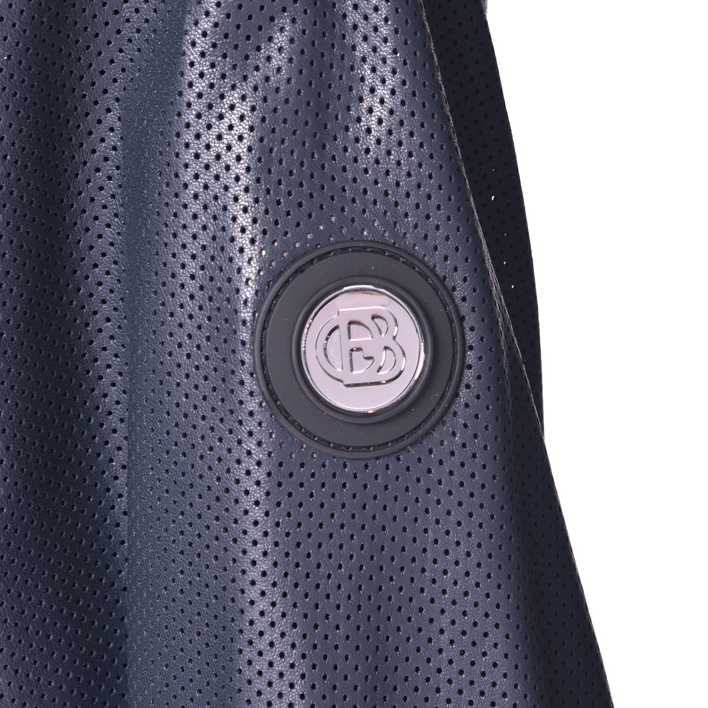 Blouson bomber réversible en cuir perforé et tissu bleu marine