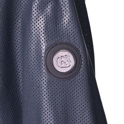 Blouson bomber réversible en cuir perforé et tissu bleu marine