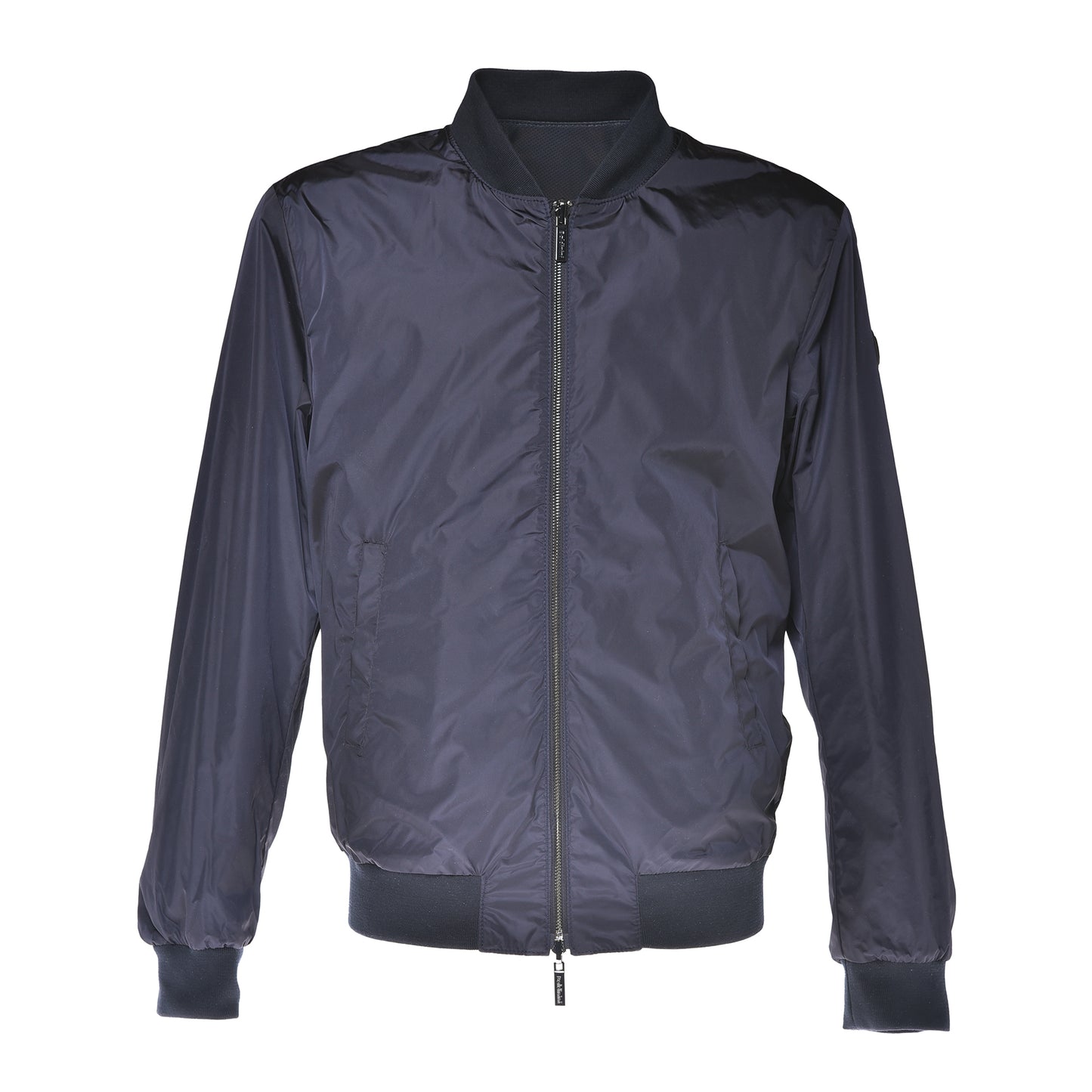 Blouson bomber réversible en cuir perforé et tissu bleu marine