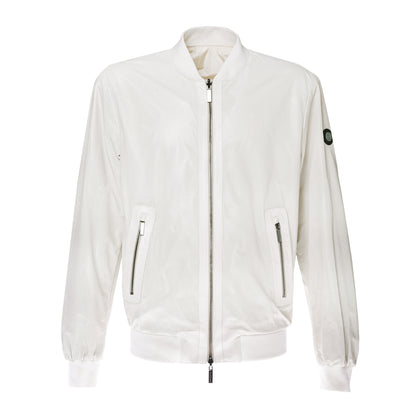 Blouson bomber réversible en cuir perforé et tissu beige