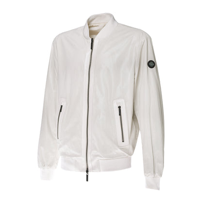 Blouson bomber réversible en cuir perforé et tissu beige