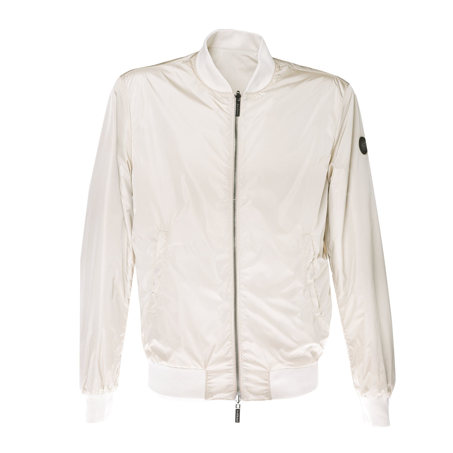 Blouson bomber réversible en cuir perforé et tissu beige