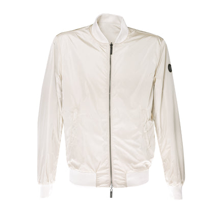 Blouson bomber réversible en cuir perforé et tissu beige
