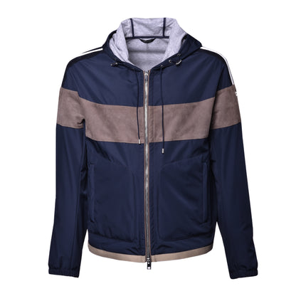 Veste en tissu bleu et daim taupe