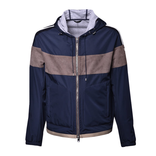 Veste en tissu bleu et daim taupe