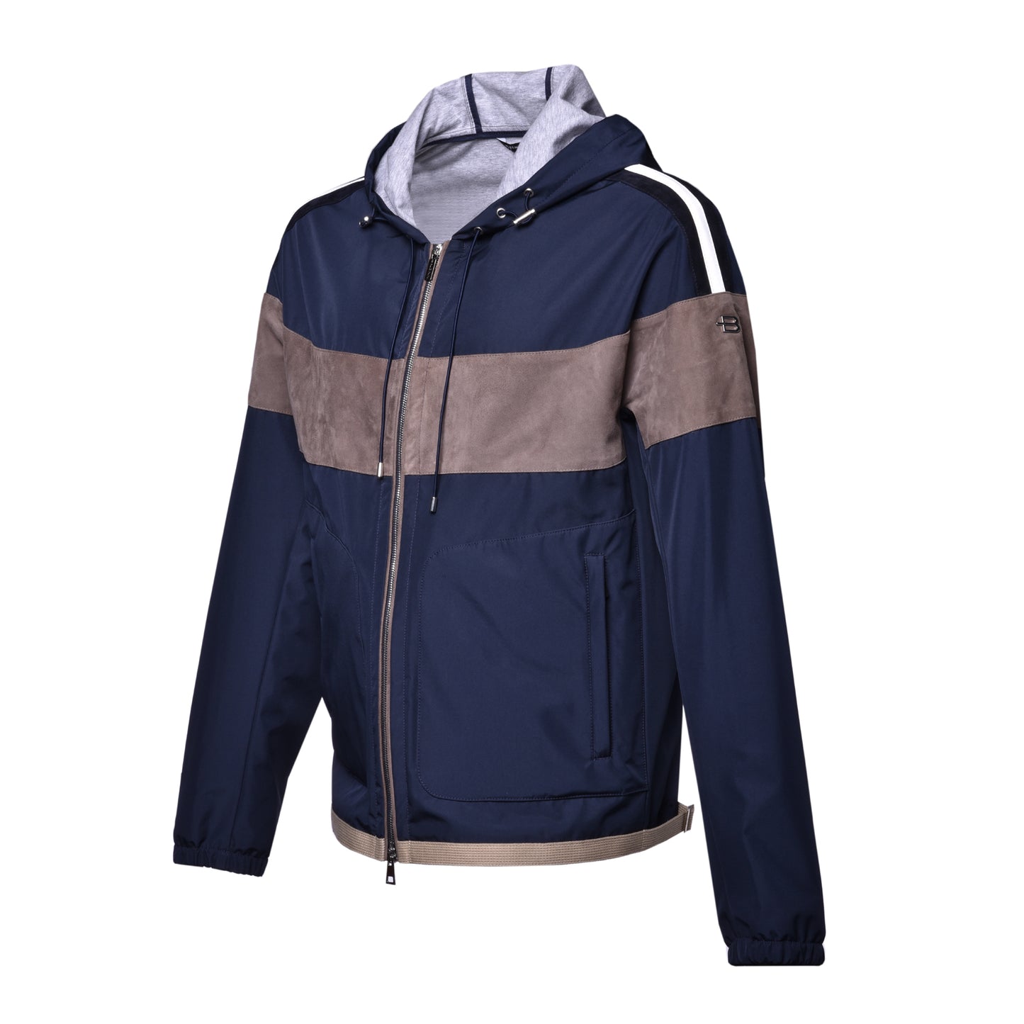 Veste en tissu bleu et daim taupe