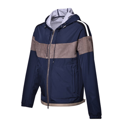 Veste en tissu bleu et daim taupe