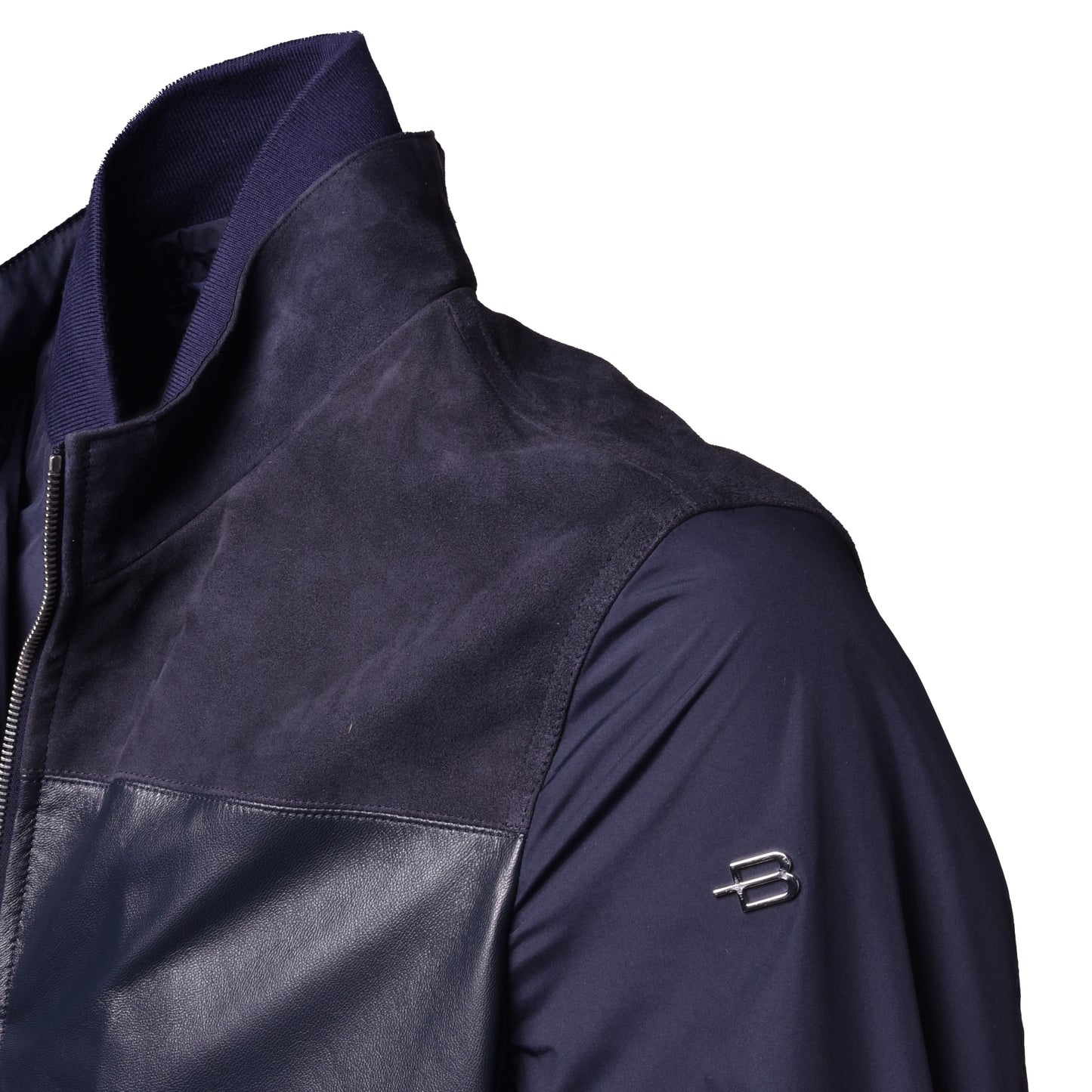Veste bleue en tissu et daim