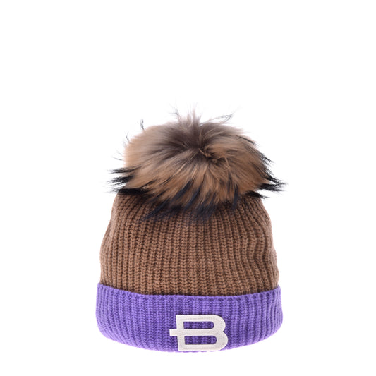 Bonnet beige et lilas en cachemire mélangé