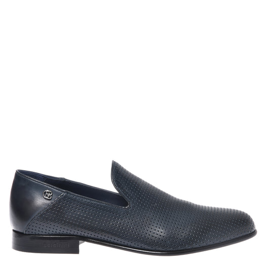 Babouche en cuir nappa perforé bleu marine