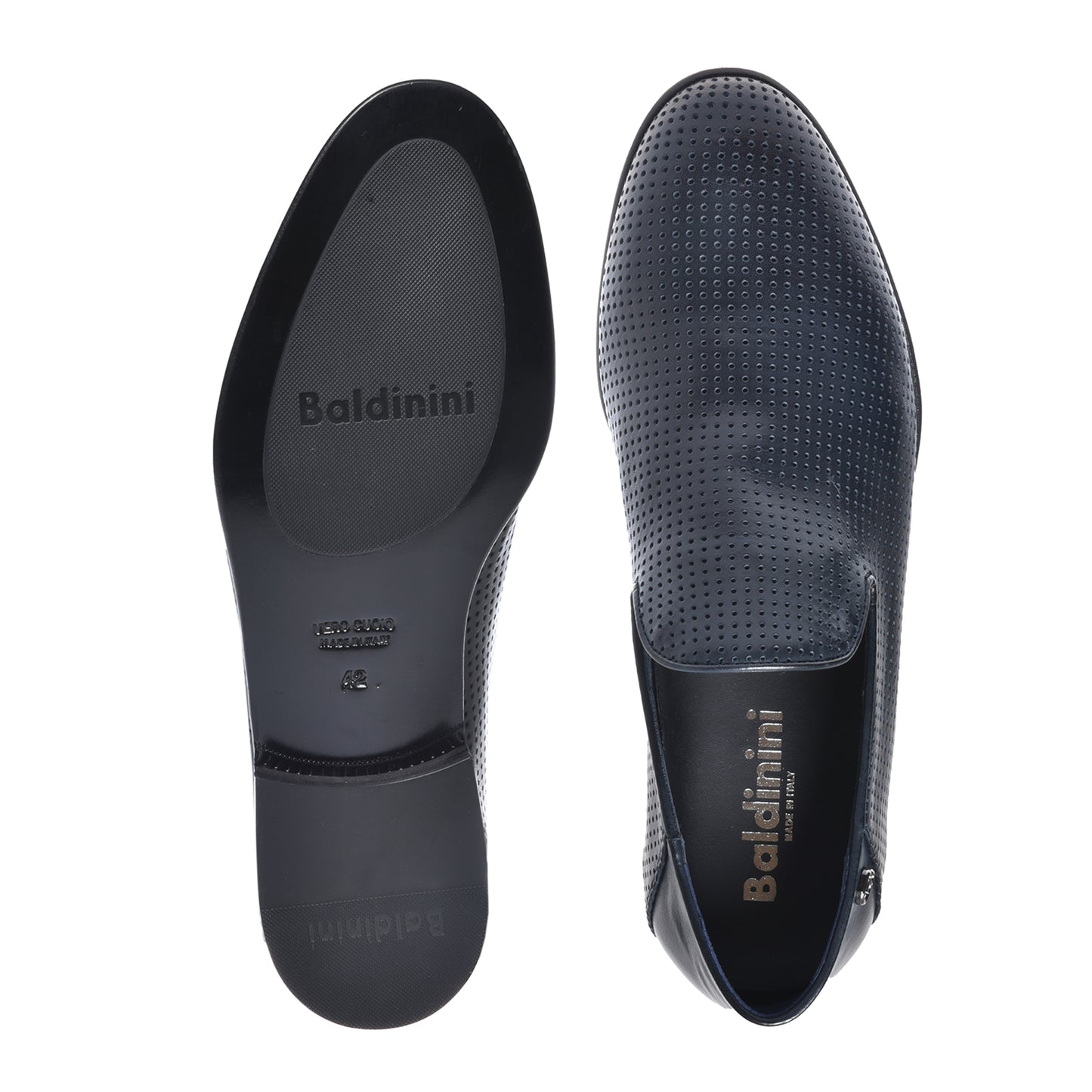 Babouche en cuir nappa perforé bleu marine