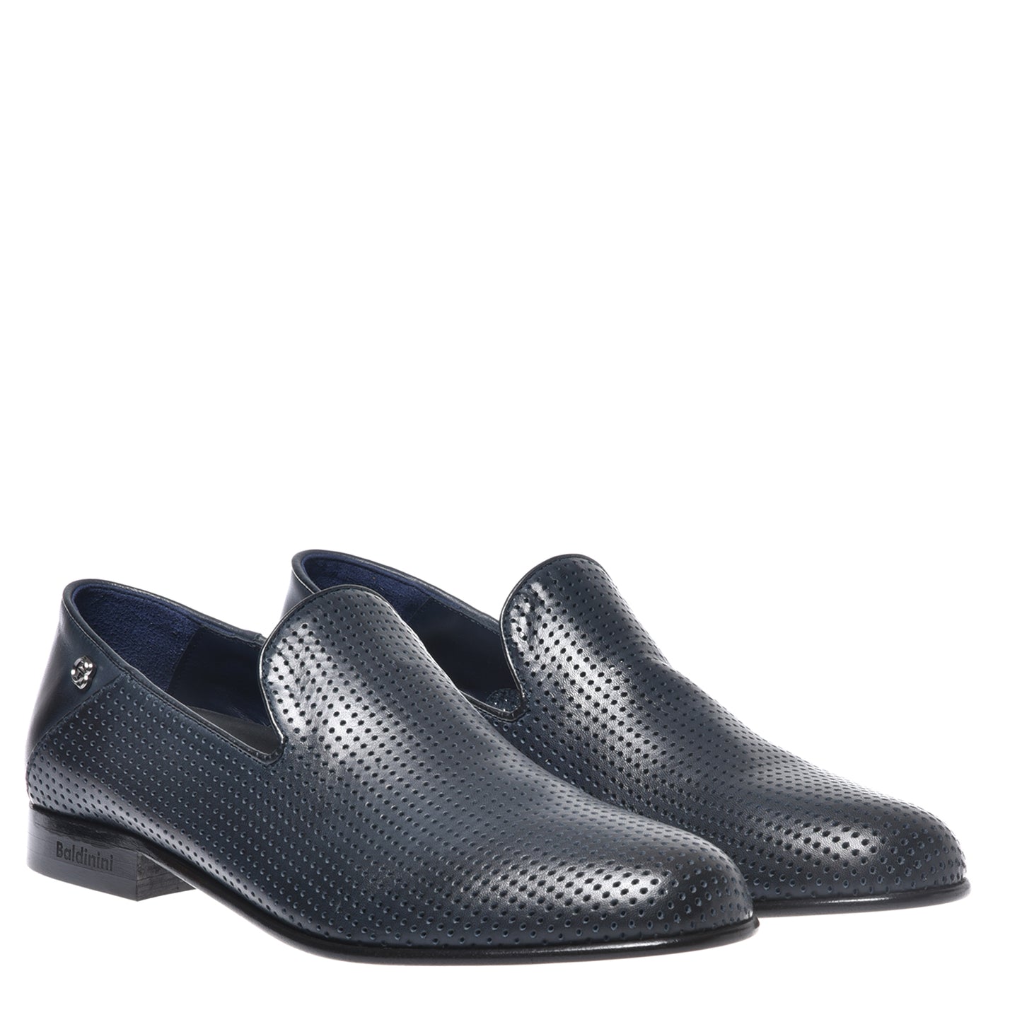Babouche en cuir nappa perforé bleu marine