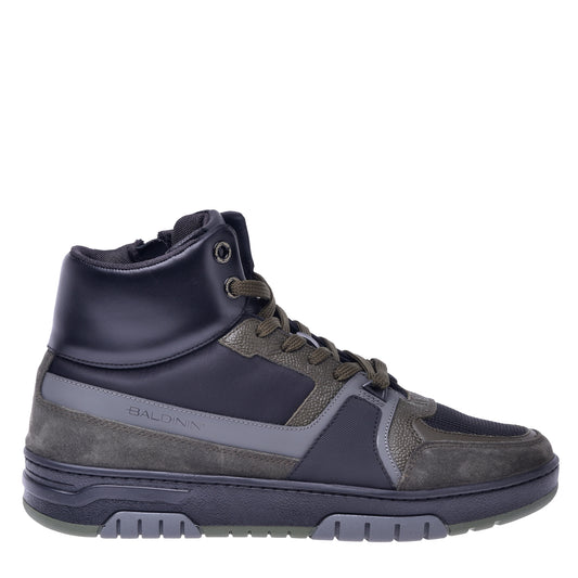 Sneakers montantes en cuir et tissu noir et vert