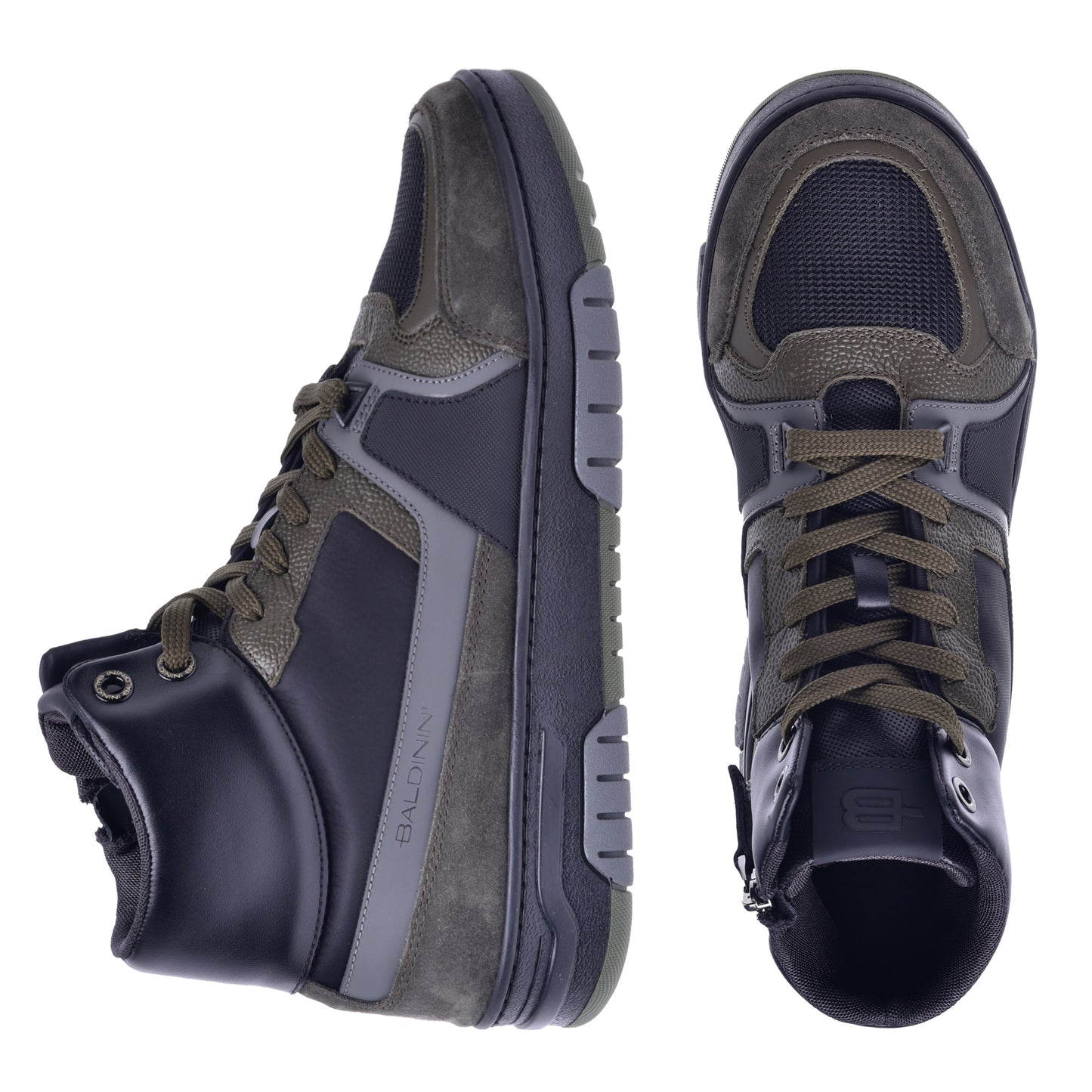 Sneakers montantes en cuir et tissu noir et vert