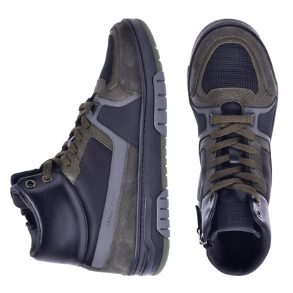 Sneakers montantes en cuir et tissu noir et vert